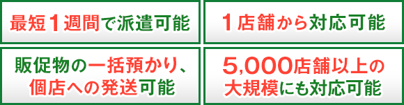 最短1週間で派遣可能 1店舗から対応可能 販促物の一括預かり、個店への発送可能 5000店舗以上の大規模にも対応可能